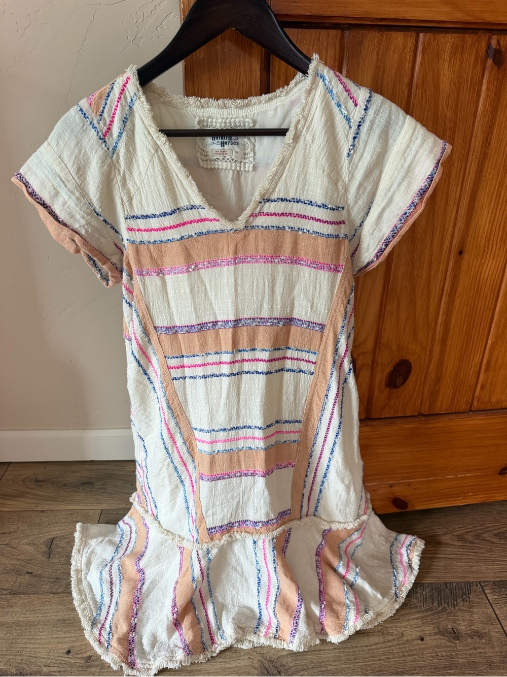 Holding Horses Anthropologie Striped Boho Tunic Dress Women's XS Cream Pink Blue